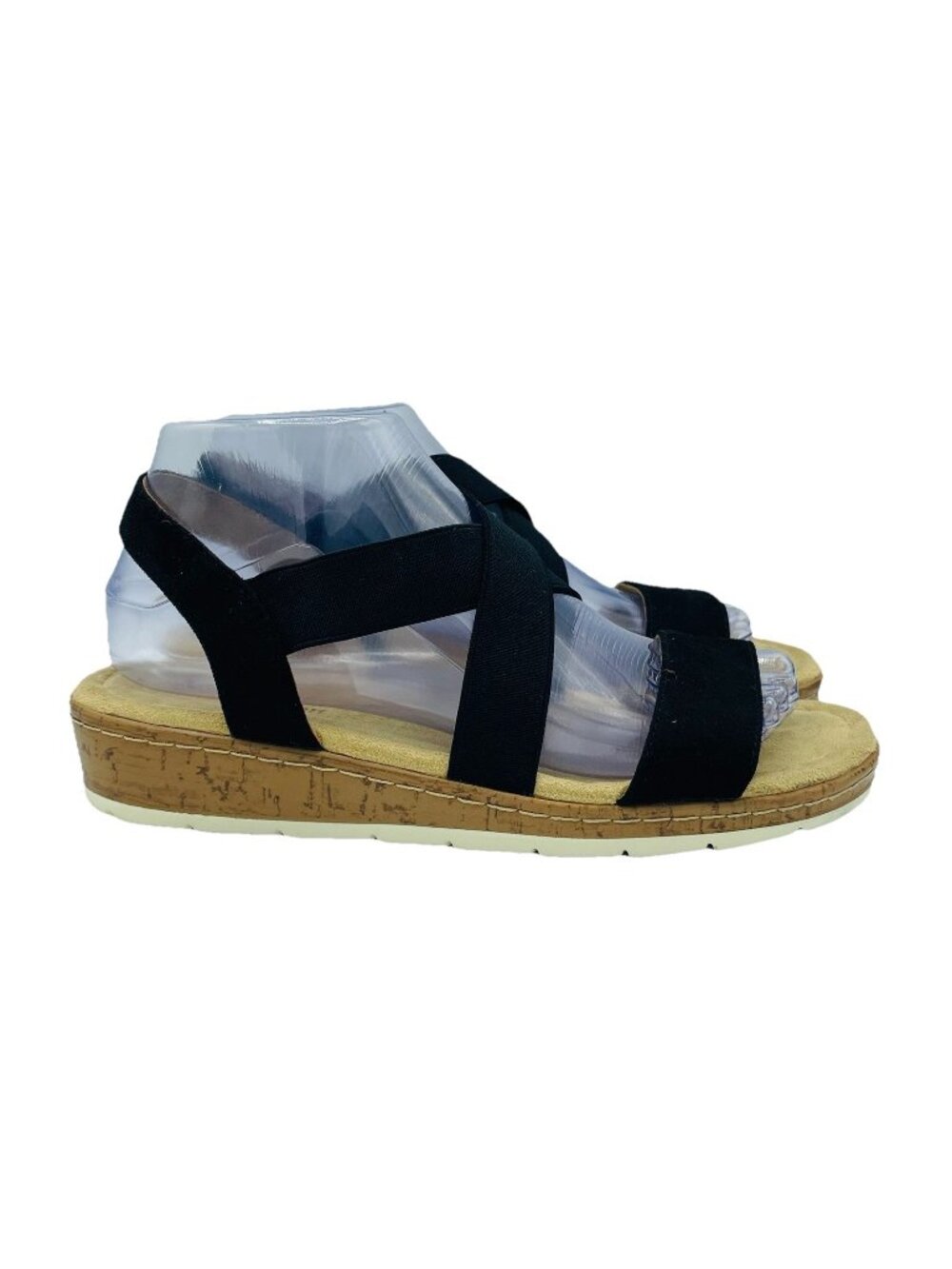 VJH Comfort Shoes Womens Size 7 Black Stretch Sandals Footbed Comfort Wedge Heel